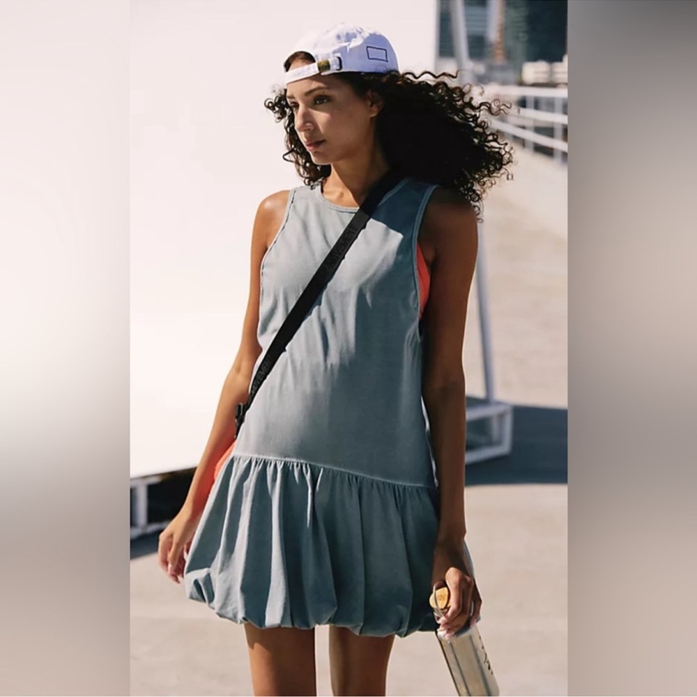 Free People Dusty Blue Ruffle-Hem Mini Dress with White Cap Sleeves - Picture 2 of 13